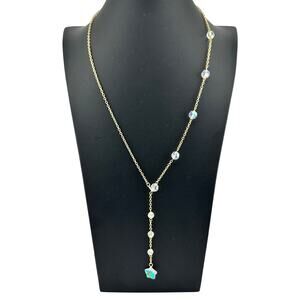 Handmade Upcycled Vintage AB Crystal Star Y-Drop Beaded Gold Tone 23" Necklace